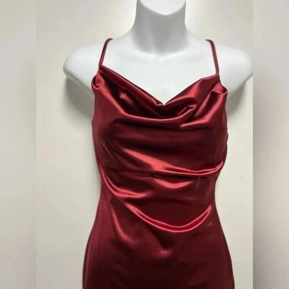 Lovely Petite Burgundy Strappy Satin Cowl Mini Dress - Picture 4 of 4